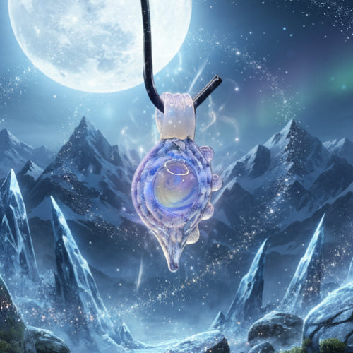 Glass pendant with blue and white swirl design on a dark background